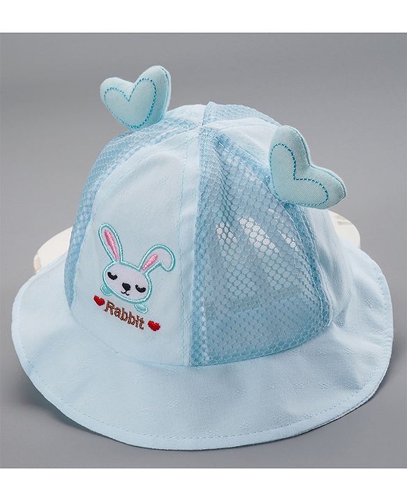 Babyhug Cotton Bucket Hats Rabbit Embroidered Blue - Diameter 16 cm