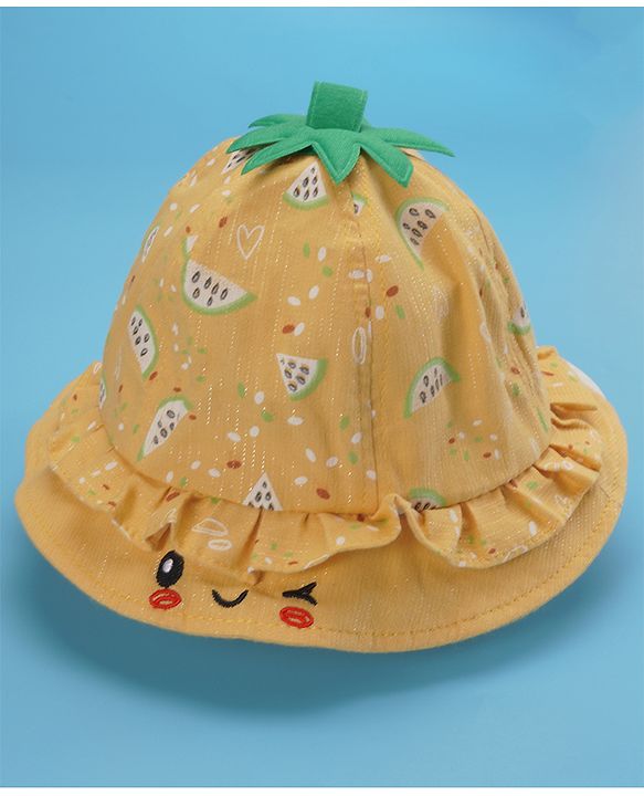 Babyhug Cotton Bucket Hats Watermelon Printed Yellow - Diameter 15.5 cm