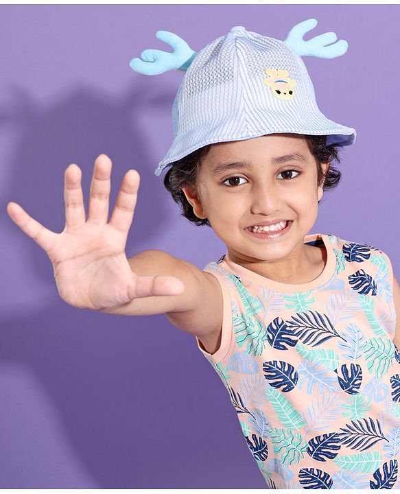 Babyhug Cotton Bucket Hats Embroidered Blue - Diameter 16 cm