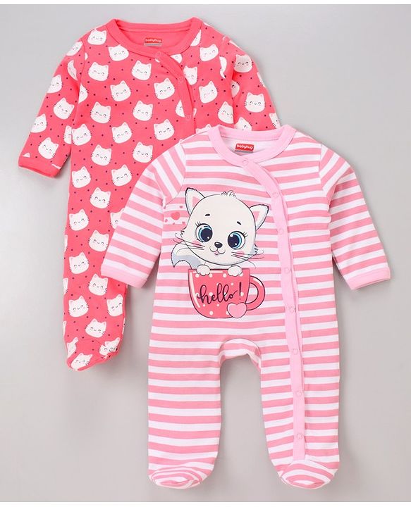 Babyhug Full Sleeves Footed Sleepsuits Kitty Print Pack of 2 - Fuchsia Light Pink