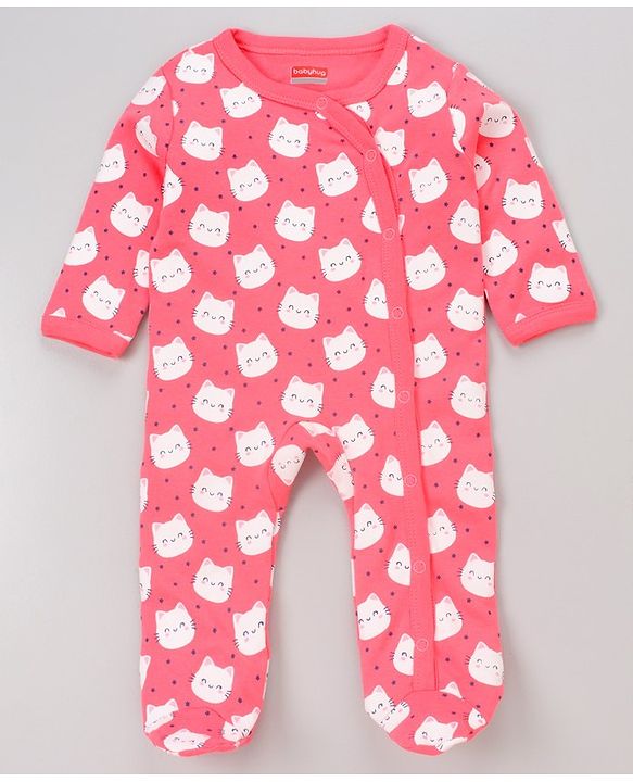 Babyhug Full Sleeves Footed Sleepsuits Kitty Print Pack of 2 - Fuchsia Light Pink