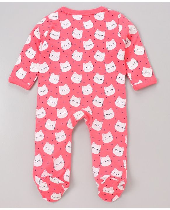 Babyhug Full Sleeves Footed Sleepsuits Kitty Print Pack of 2 - Fuchsia Light Pink