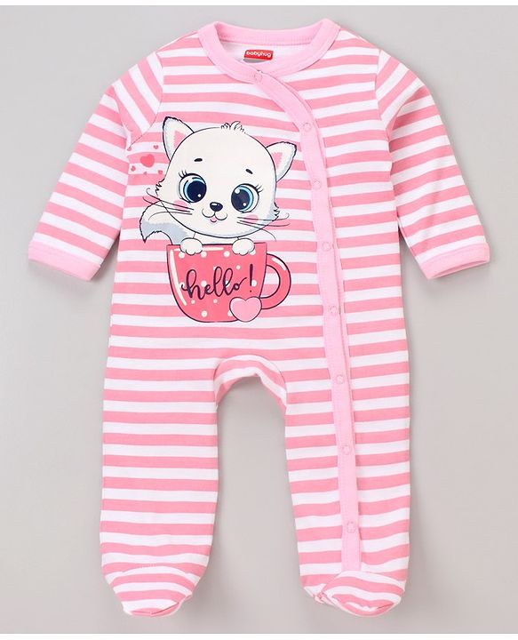Babyhug Full Sleeves Footed Sleepsuits Kitty Print Pack of 2 - Fuchsia Light Pink