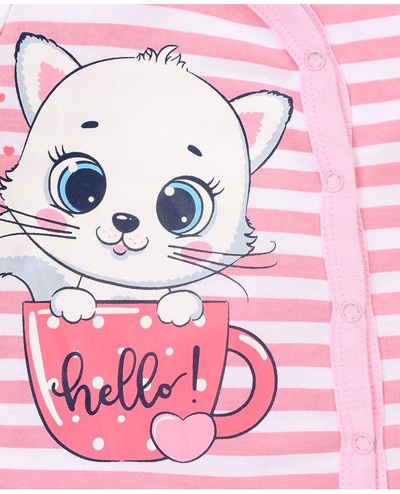 Babyhug Full Sleeves Footed Sleepsuits Kitty Print Pack of 2 - Fuchsia Light Pink