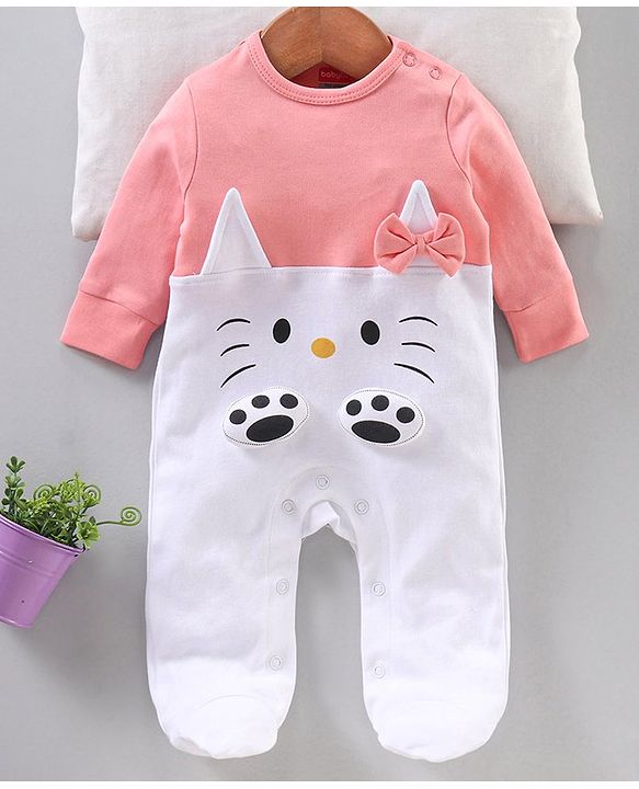 Babyhug Full Sleeves Sleep Suit with Animal Face Applique and Bow - Pink White