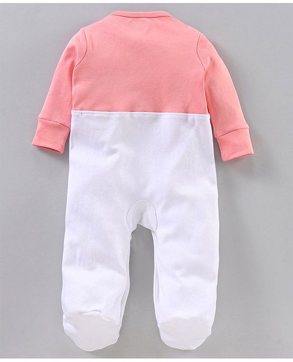 Babyhug Full Sleeves Sleep Suit with Animal Face Applique and Bow - Pink White