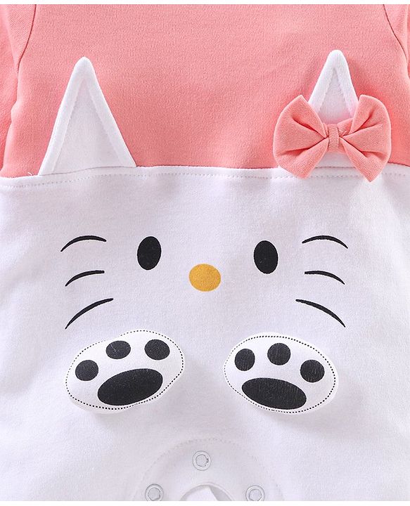 Babyhug Full Sleeves Sleep Suit with Animal Face Applique and Bow - Pink White