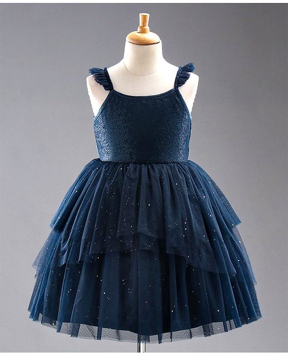 Babyhug Sleeveless Frilled and Layered Sequined Party Dress - Navy Blue