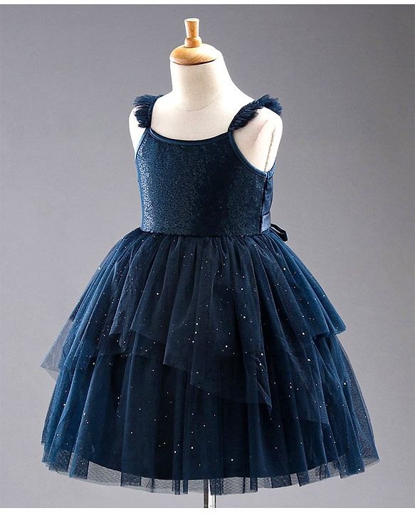 Babyhug Sleeveless Frilled and Layered Sequined Party Dress - Navy Blue