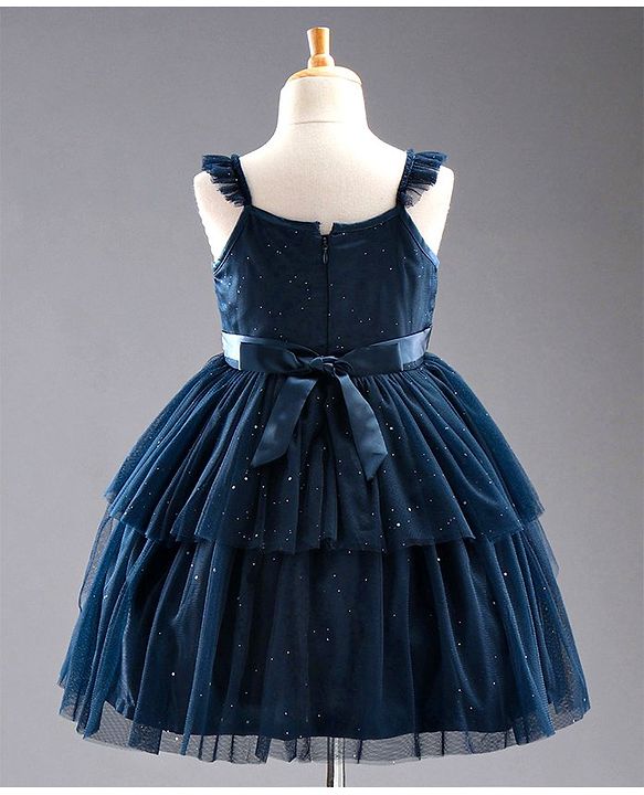 Babyhug Sleeveless Frilled and Layered Sequined Party Dress - Navy Blue