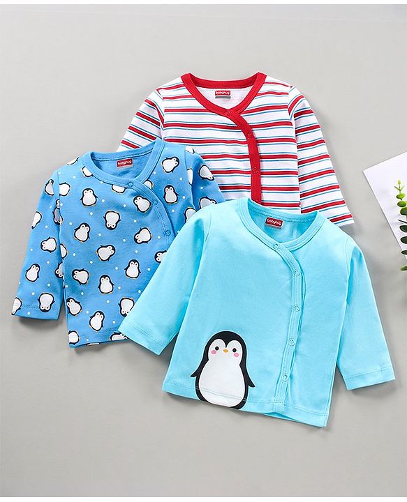 Babyhug 100% Cotton Full Sleeves Vests Penguin Print Pack of 3 - Aqua & Sky Blue White