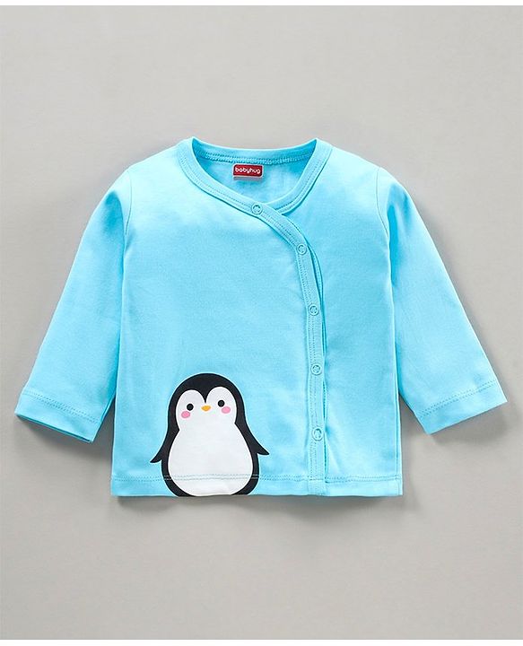 Babyhug 100% Cotton Full Sleeves Vests Penguin Print Pack of 3 - Aqua & Sky Blue White