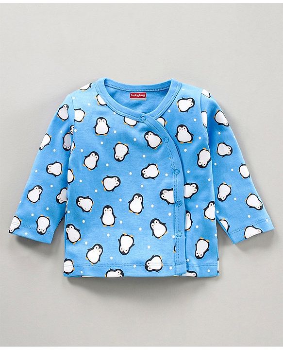 Babyhug 100% Cotton Full Sleeves Vests Penguin Print Pack of 3 - Aqua & Sky Blue White