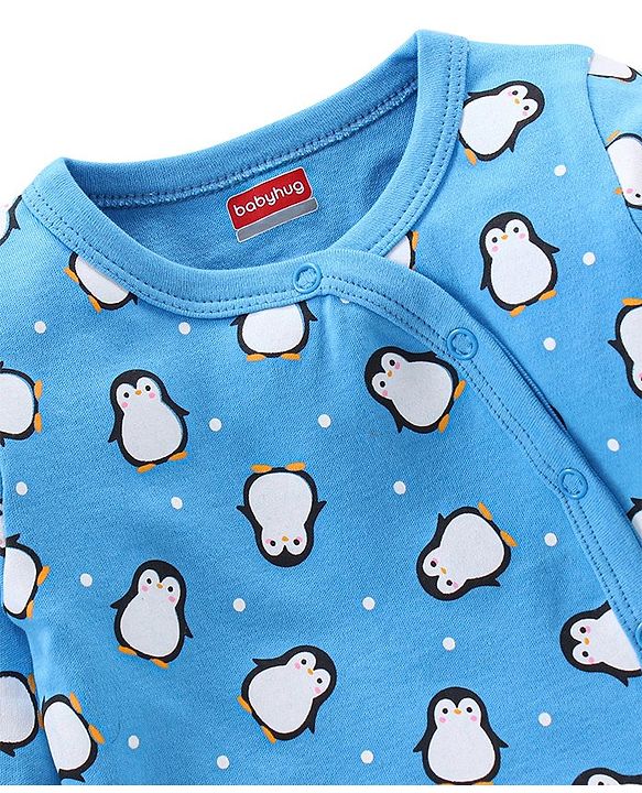 Babyhug 100% Cotton Full Sleeves Vests Penguin Print Pack of 3 - Aqua & Sky Blue White