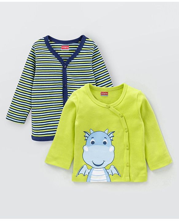 Babyhug 100% Cotton Full Sleeves Vests Striped and Printed Pack of 2 - Blue Green