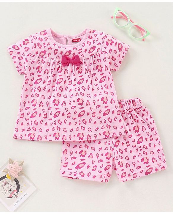 Babyhug Half Sleeves Printed Night Suit Bow Applique - Pink