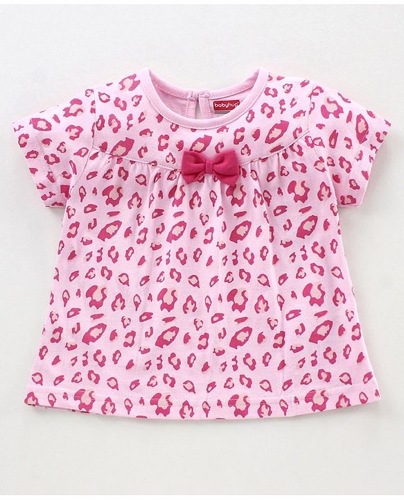 Babyhug Half Sleeves Printed Night Suit Bow Applique - Pink