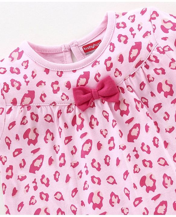 Babyhug Half Sleeves Printed Night Suit Bow Applique - Pink