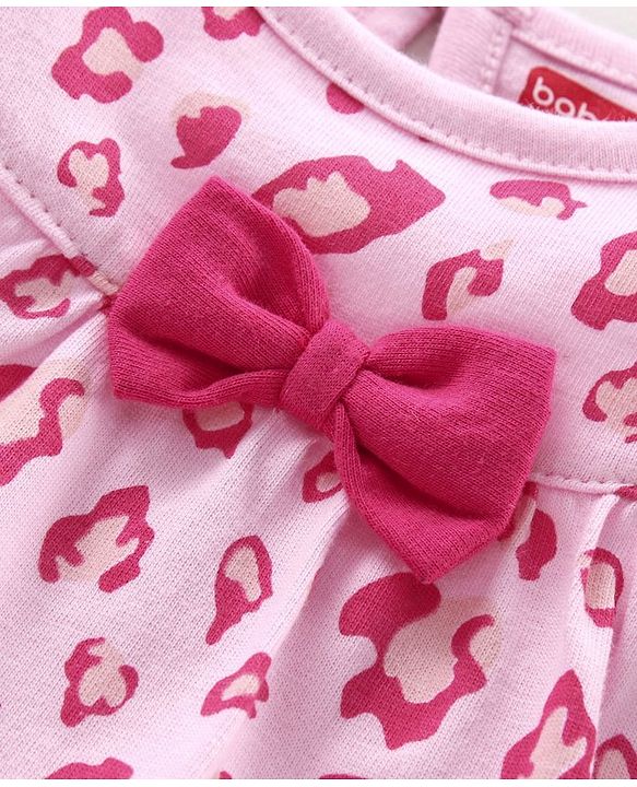 Babyhug Half Sleeves Printed Night Suit Bow Applique - Pink