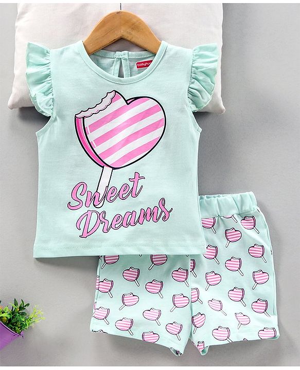 Babyhug Frill Sleeves Night Suit Text Print - Blue