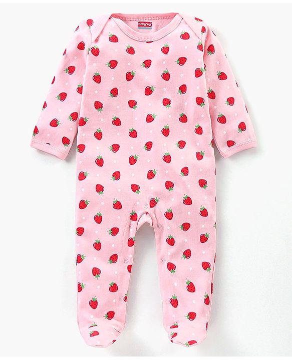 Babyhug Full Sleeves Footed Sleepsuits Strawberry Print Pack Of 3 - Red Pink