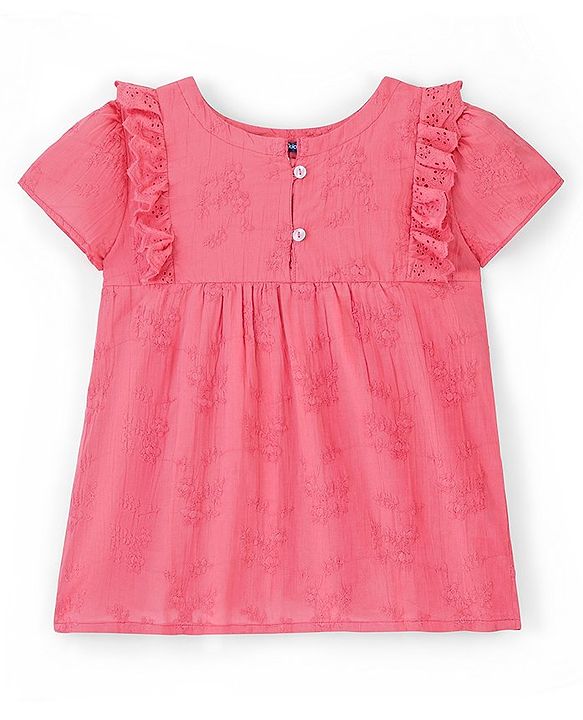 Pine Kids Puff Sleeves Top Floral Embroidery - Light Pink