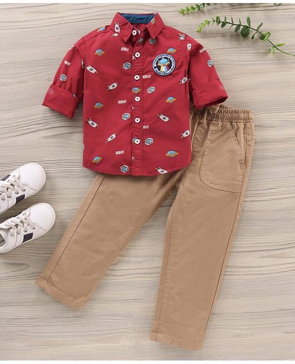 Babyhug Full Sleeves Shirt And Loungepants Multiprint - Red Khaki