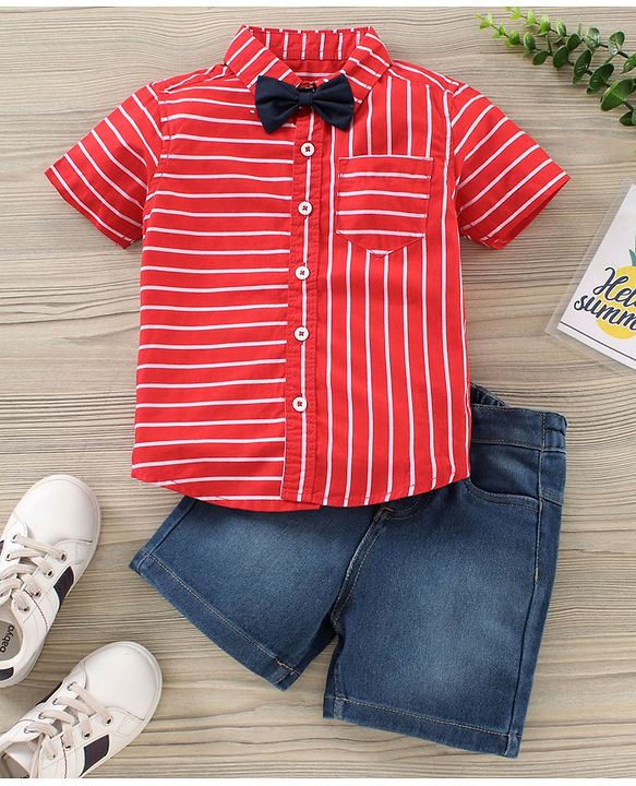 Babyhug Party Wear Half Sleeves Shirt & Denim Shorts With Bow - Red Blue