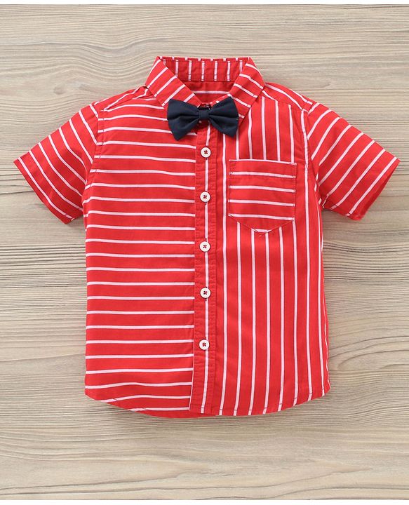 Babyhug Party Wear Half Sleeves Shirt & Denim Shorts With Bow - Red Blue