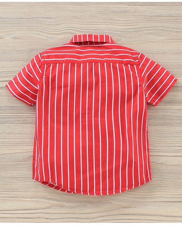 Babyhug Party Wear Half Sleeves Shirt & Denim Shorts With Bow - Red Blue
