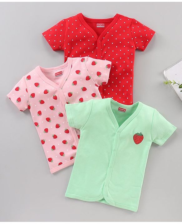 Babyhug Half Sleeves 100% Cotton Vests Dot And Strawberry Print Pack Of 3 - Red Pink Green