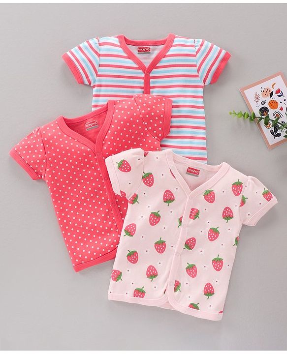 Babyhug 100%Cotton Half Sleeves Vests Pack of 3 - Pink