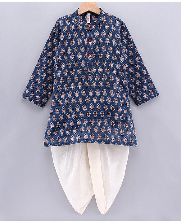 Babyhug Cotton Full Sleeves Kurta & Dhoti Set Geometric Print - Blue Off White