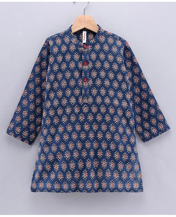 Babyhug Cotton Full Sleeves Kurta & Dhoti Set Geometric Print - Blue Off White