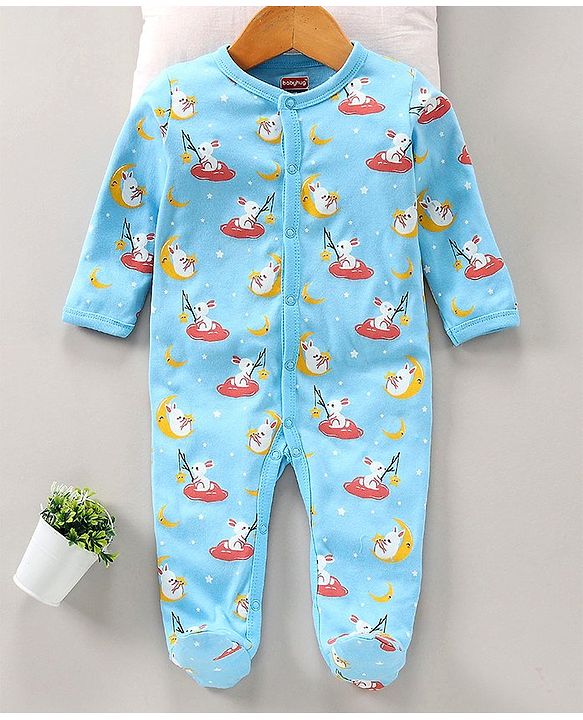 Babyhug Full Sleeves Footed Sleepsuit Bunny Print - Light Blue