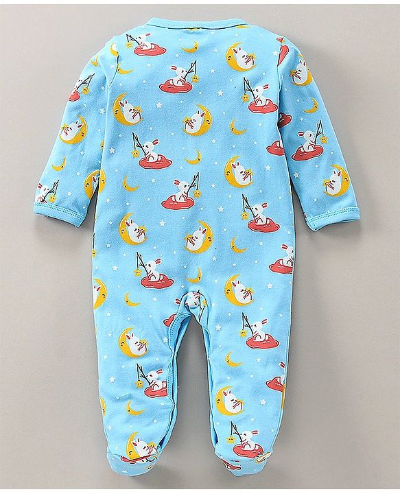 Babyhug Full Sleeves Footed Sleepsuit Bunny Print - Light Blue
