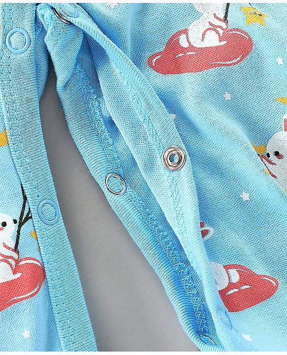 Babyhug Full Sleeves Footed Sleepsuit Bunny Print - Light Blue