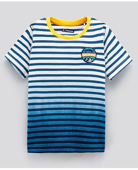 Pine Kids Half Sleeves Biowashed T-Shirt Stripes Print - Blue
