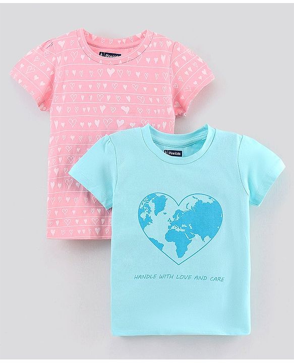 Pine Kids Half Sleeves Tops Heart Print Pack of 2 - Pink Blue