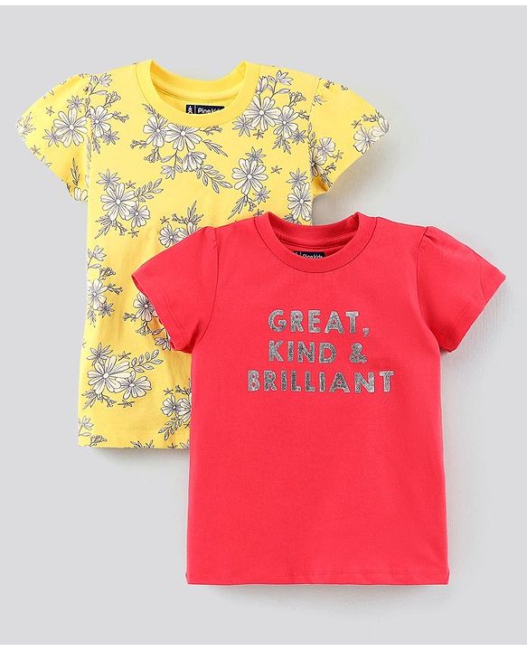 Pine Kids Half Sleeves Cotton Biowashed Top Floral Print - Yellow Red