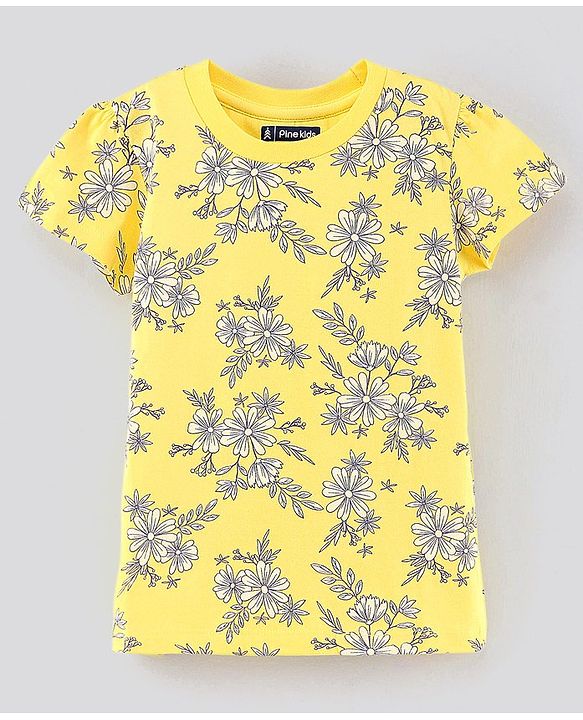 Pine Kids Half Sleeves Cotton Biowashed Top Floral Print - Yellow Red