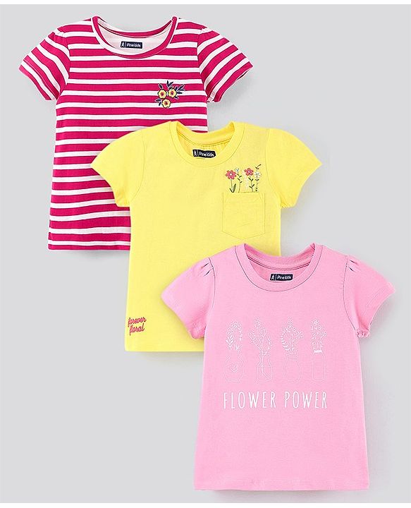 Pine Kids Half Sleeves Cotton Biowashed Foil Print Pack of 3 - Pink Yellow Red