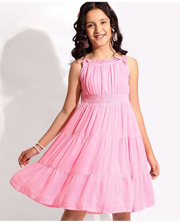 Pine Kids Singlet Sleeves Tiered Solid Frock - Pink