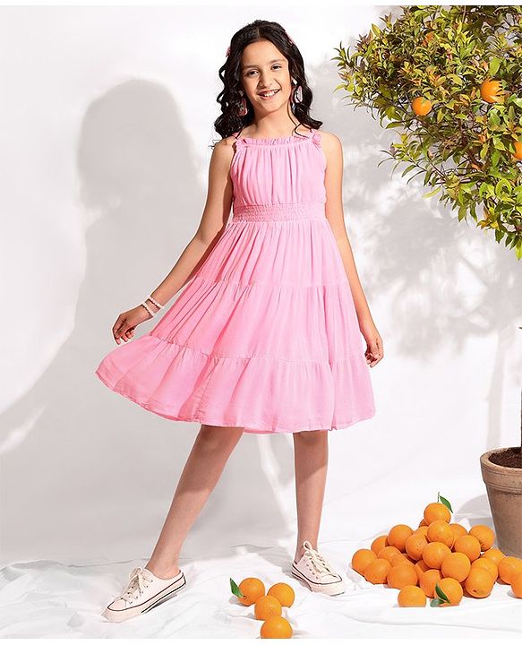 Pine Kids Singlet Sleeves Tiered Solid Frock - Pink