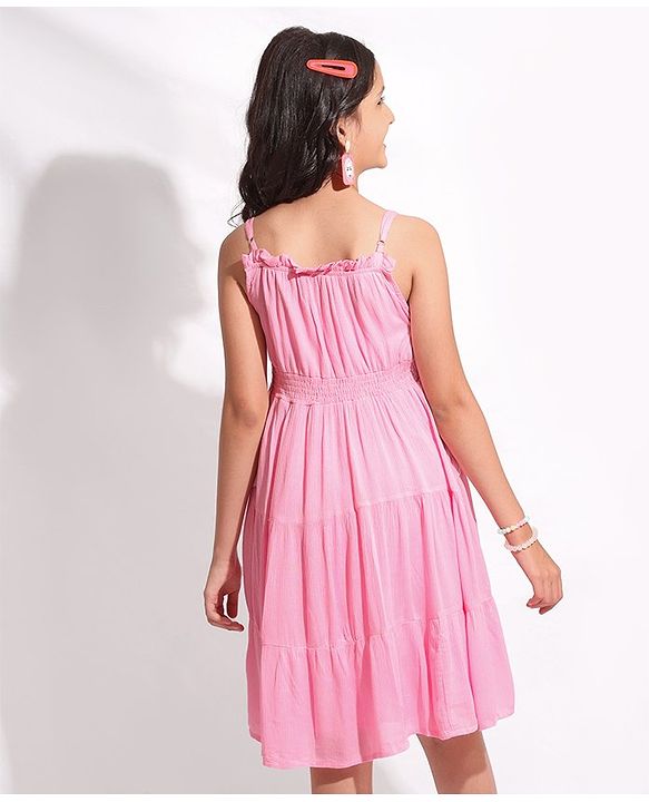 Pine Kids Singlet Sleeves Tiered Solid Frock - Pink