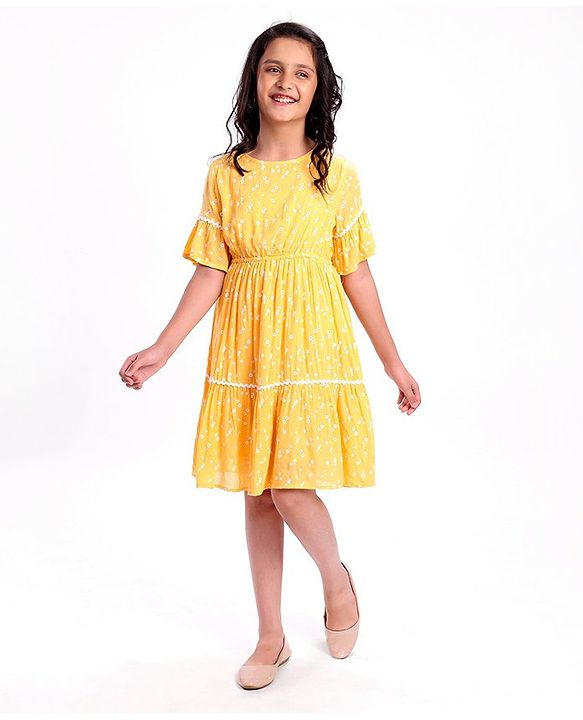 Pine Kids Half Sleeves Rayon Crinkled Dress Floral Print - Yellow