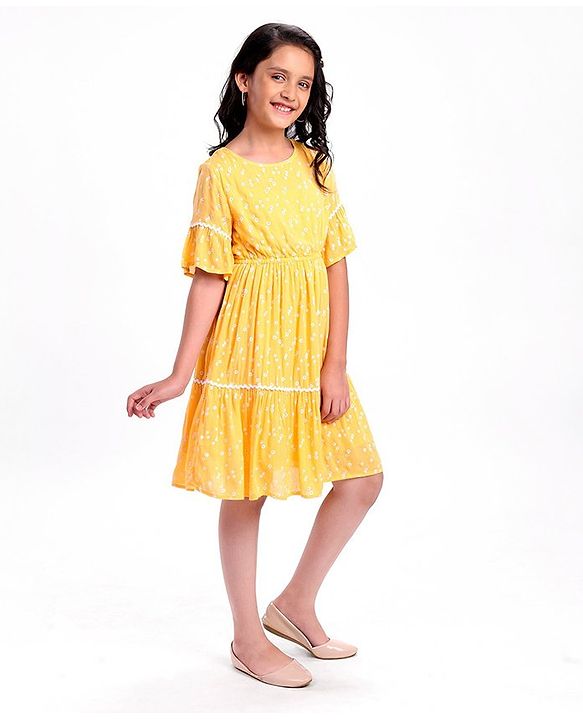Pine Kids Half Sleeves Rayon Crinkled Dress Floral Print - Yellow
