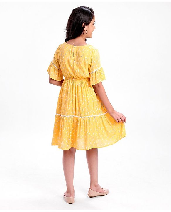 Pine Kids Half Sleeves Rayon Crinkled Dress Floral Print - Yellow