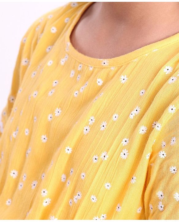 Pine Kids Half Sleeves Rayon Crinkled Dress Floral Print - Yellow