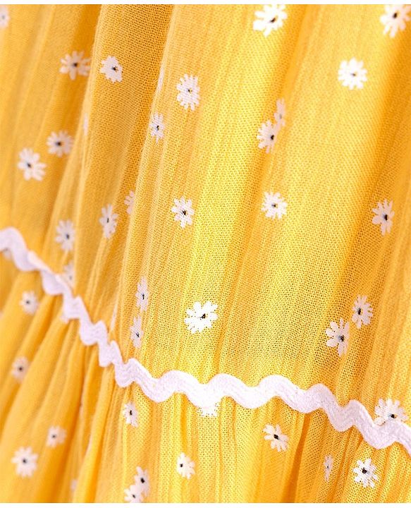 Pine Kids Half Sleeves Rayon Crinkled Dress Floral Print - Yellow